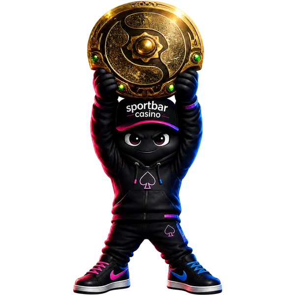 The International 2026 betting guide mascot holding the Aegis of Champions — sportbar.casino