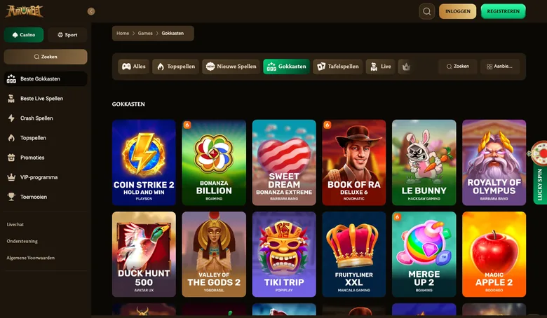 Gokkastenlobby van Amunbet met titels van BGaming, Hacksaw en Playson