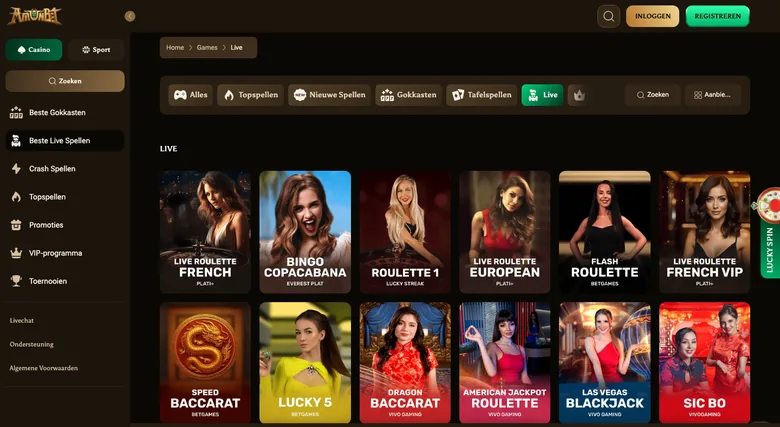 Live casino van Amunbet met tafels van BetGames, Vivo Gaming en Plati+