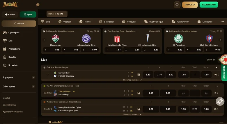 Sportsbook van Amunbet met live voetbal, tennis en cyberbasketbal in het Nederlands