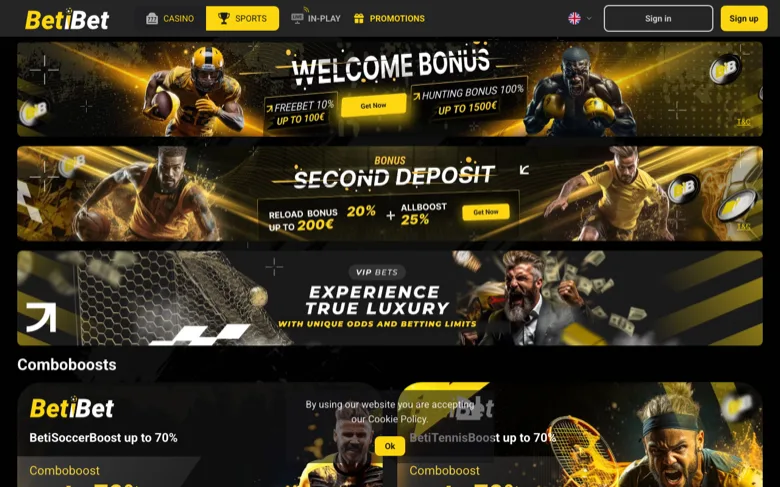 BetiBet promotions page with the welcome bonus, second deposit reload and VIP bets banners