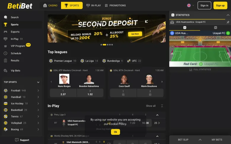 BetiBet front page with the second deposit reload banner, top leagues and in-play markets