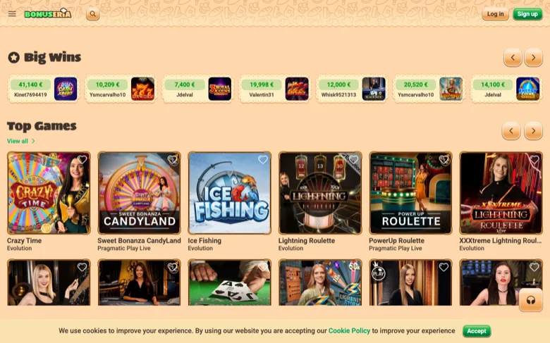 Bonuseria live casino section with Crazy Time, Lightning Roulette and Sweet Bonanza CandyLand