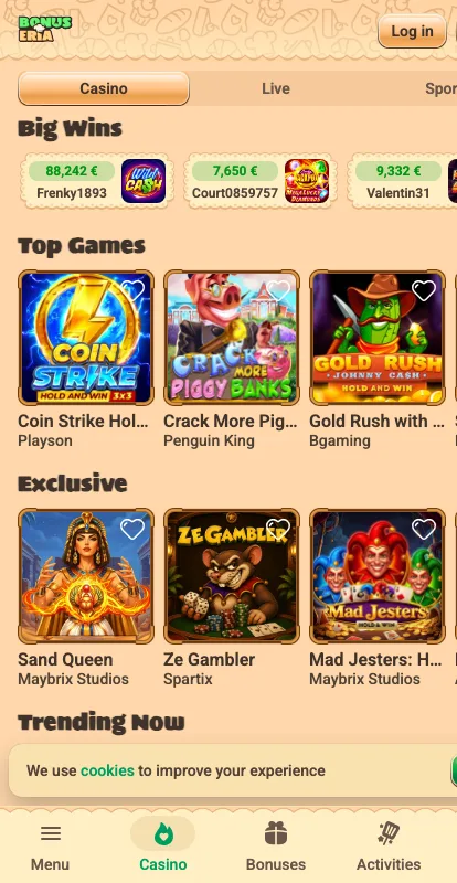 Bonuseria mobile layout with bottom tab bar and three-column game grid
