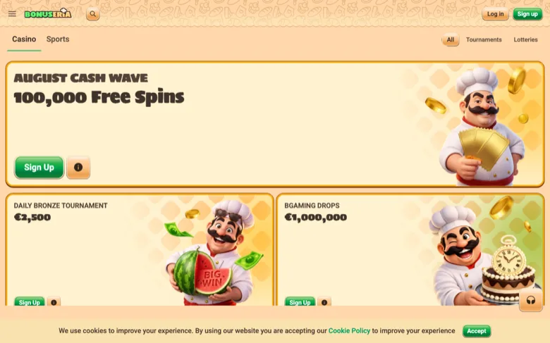 Bonuseria promotions page with August Cash Wave, Daily Bronze Tournament and BGaming Drops