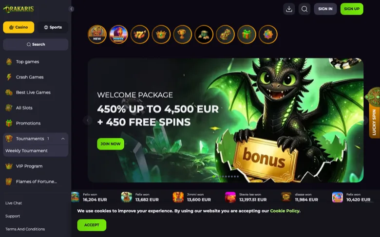 Drakaris lobby, captured August 2026 Drakaris casino lobby with the 450% welcome package banner and recent wins ticker