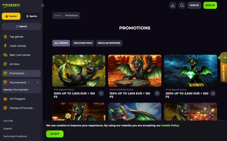 Drakaris promotions board with the three deposit bonuses Drakaris promotions page showing the first, second and third deposit bonuses