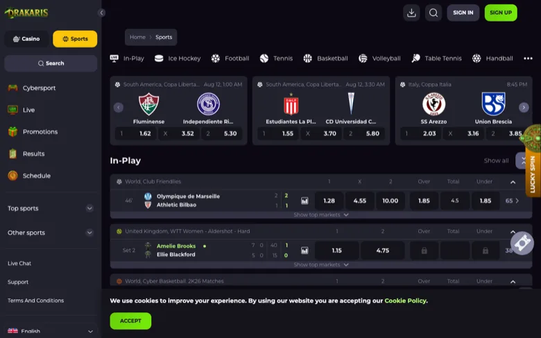 Drakaris in-play sportsbook Drakaris sportsbook with in-play football and tennis markets and live odds