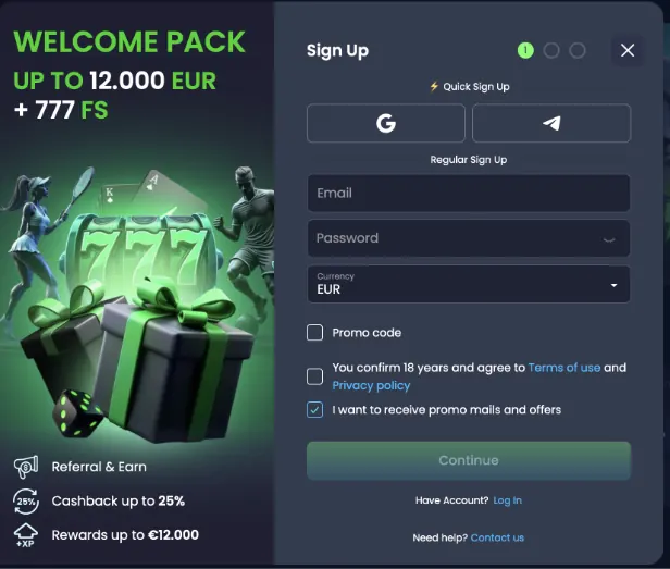 MegaBet welkomstpakket tot €12.000 plus 777 free spins in het registratiescherm