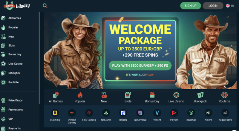 BiLucky casino homepage BiLucky casino homepage with Western theme and €3,500 welcome package