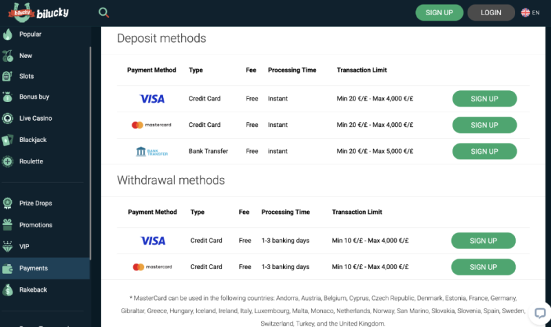 BiLucky deposit and withdrawal methods BiLucky payment methods — Visa, Mastercard and bank transfer, no iDEAL