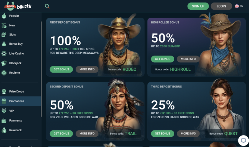 BiLucky promotions and bonus codes BiLucky welcome bonus offers with promo codes RODEO, TRAIL, QUEST and HIGHROLL