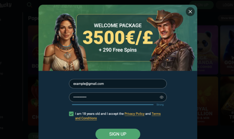 BiLucky registration BiLucky sign-up form with welcome package and 18+ confirmation