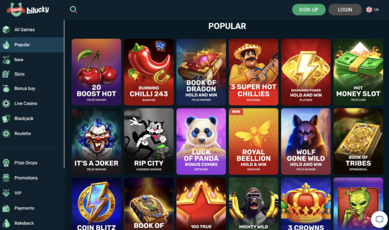 BiLucky popular slots BiLucky popular slots lobby with titles from top providers