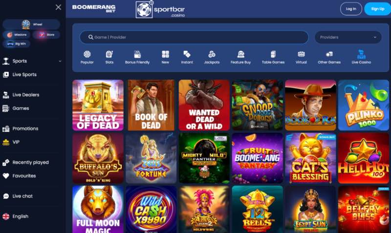 Boomerang Bet casino lobby and slot library Boomerang Bet casino lobby with slots including Book of Dead, Legacy of Dead and Boomerang Fortune