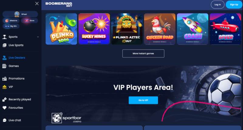 Boomerang Bet instant games and live dealers Boomerang Bet instant games and live dealer menu with VIP players area
