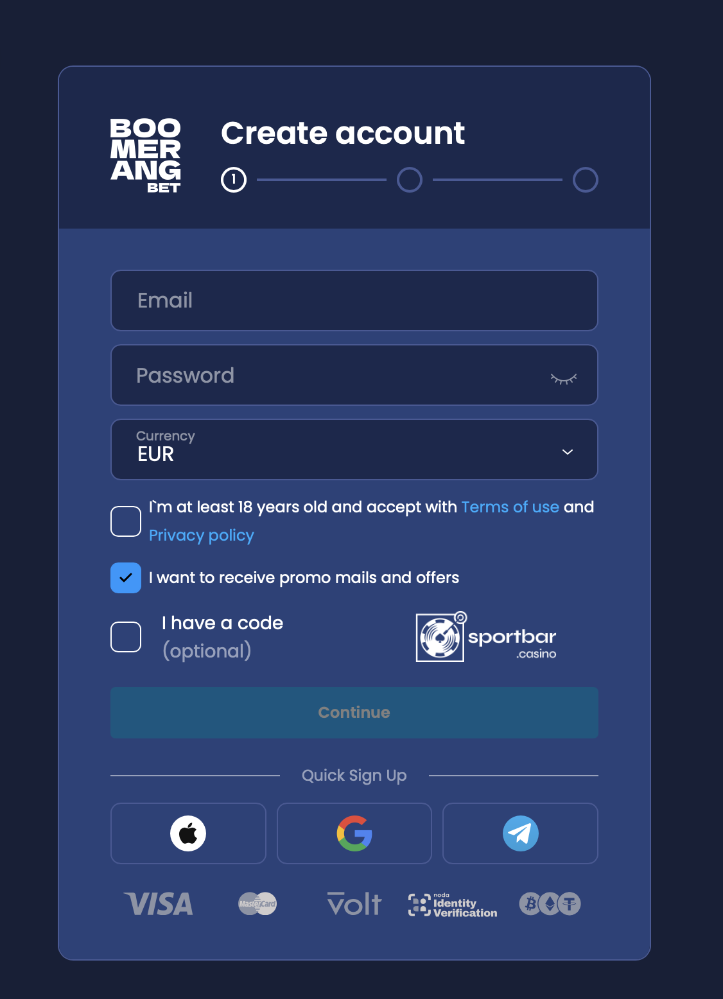 Boomerang Bet sign-up and payment methods Boomerang Bet registration form with EUR currency, 18+ confirmation and Visa, Mastercard, Volt and crypto payment logos