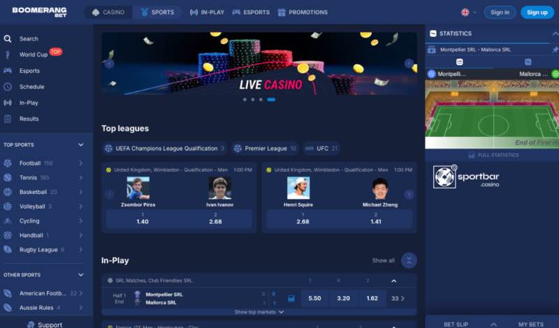 Boomerang Bet sportsbook and in-play betting Boomerang Bet sportsbook with top leagues, live in-play matches and football and tennis odds