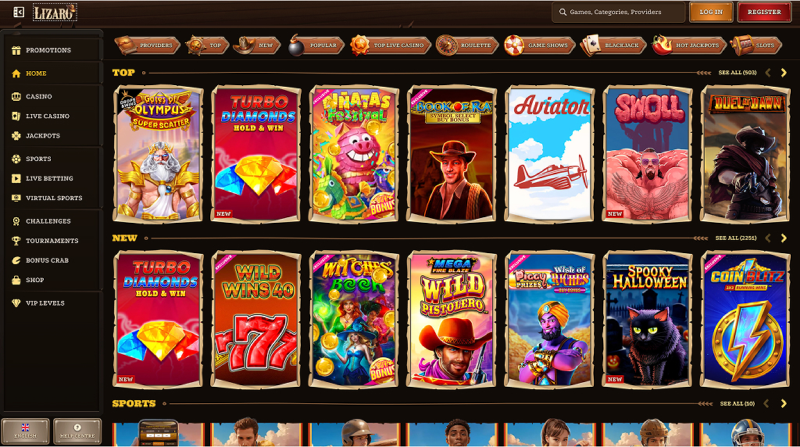 Lizaro casino lobby — homepage Lizaro casino homepage and slot lobby