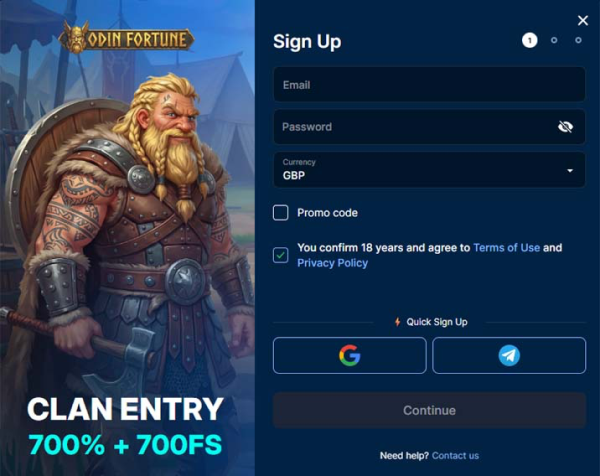 OdinFortune registration — Clan Entry welcome offer and quick sign-up OdinFortune sign-up form with CLAN ENTRY 700% plus 700 free spins