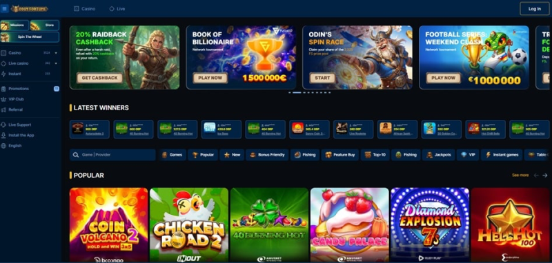 OdinFortune casino lobby — Norse-themed homepage and promo carousel OdinFortune casino homepage with Norse theme and promotions
