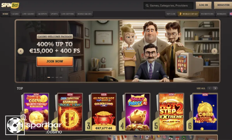SpinBoss Casino homepage met welkomstbonus en spelaanbod