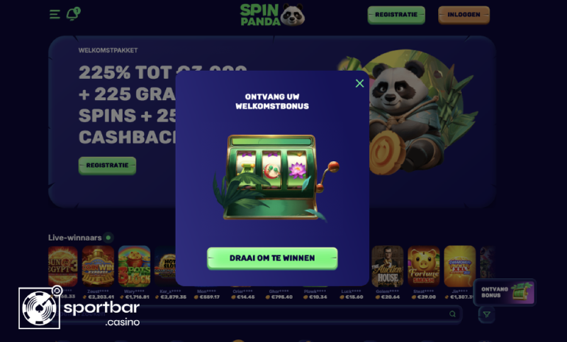 SpinPanda Casino homepage and welcome bonus SpinPanda Casino homepage with 225% welcome package up to 3000 EUR