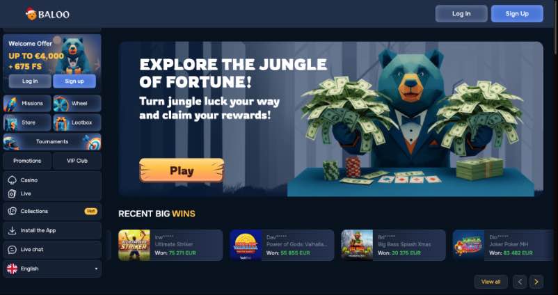 Baloobet Casino homepage and welcome bonus 4000 EUR