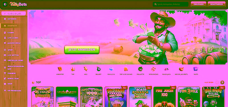 Billybets Casino interface screenshot showing lobby and game categories