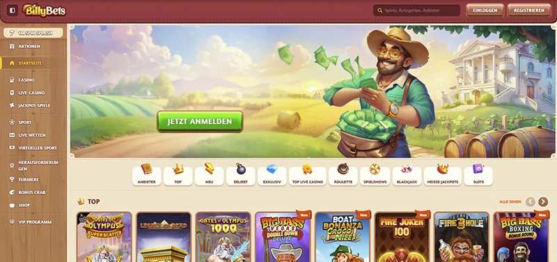 Billybets Casino interface screenshot showing lobby and game categories