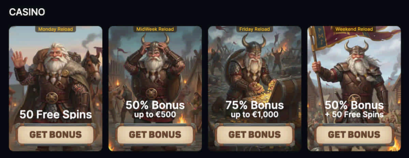 OdinFortune reload bonus calendar with Viking-themed offers OdinFortune reload bonuses — Monday, midweek, Friday and weekend offers