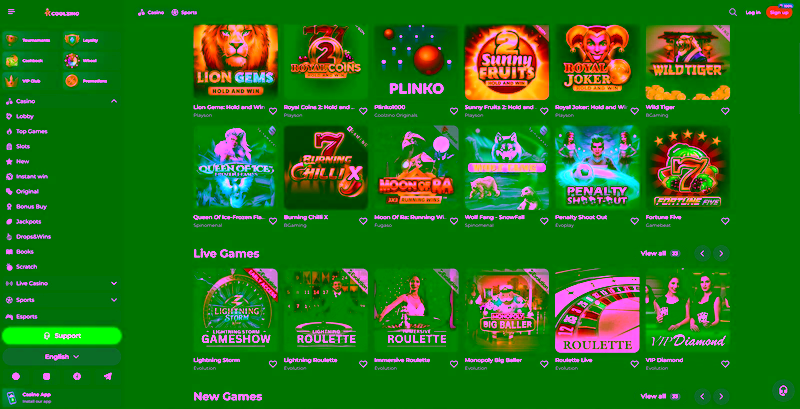 Coolzino Casino homepage screenshot showing game lobby, welcome bonus banner, and navigation