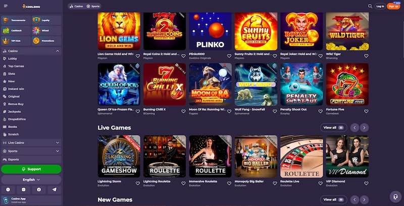 Coolzino Casino homepage screenshot showing game lobby, welcome bonus banner, and navigation