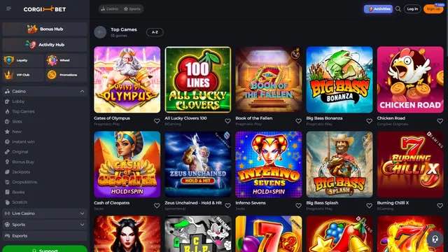 Corgibet Casino interface screenshot showing lobby and game categories
