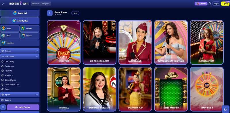 Magnetic Slots Casino interface screenshot showing lobby and game categories