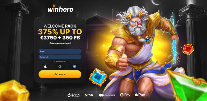WinHero Casino interface screenshot showing lobby and game categories