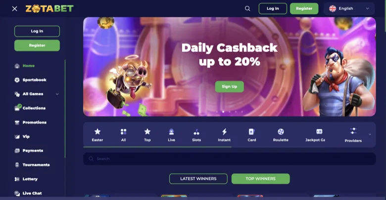 Zotabet lobby, captured 20 August 2026 Zotabet lobby with the daily cashback banner and the game category rail