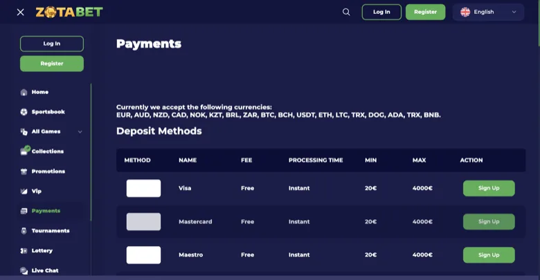 Zotabet deposit methods table, captured 20 August 2026 Zotabet payments page listing Visa, Mastercard and Maestro deposits from 20 EUR to 4,000 EUR