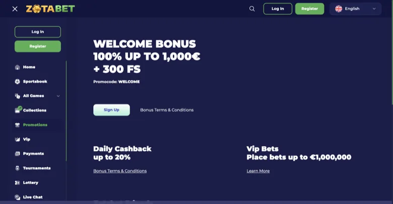 Zotabet promotions board, captured 20 August 2026 Zotabet promotions page with the 100% up to 1,000 EUR welcome bonus and promo code WELCOME