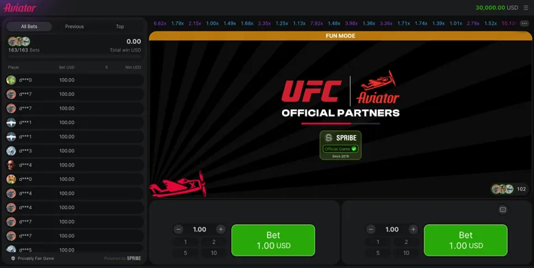 Aviator running in fun mode at a 1.46x multiplier with both bet panels open