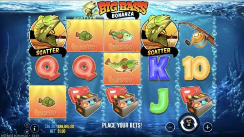 Big Bass Bonanza free spins with fisherman collecting money bags screenshot