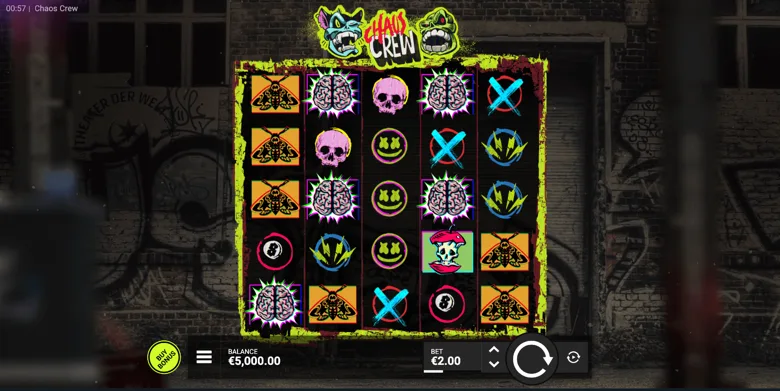 Chaos Crew demo reels with the Buy Bonus button, EUR 5,000 balance and EUR 2.00 bet