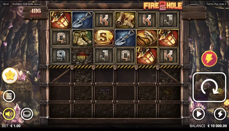Fire in the Hole 2 demo with 486 ways active and the mining grid below the reels