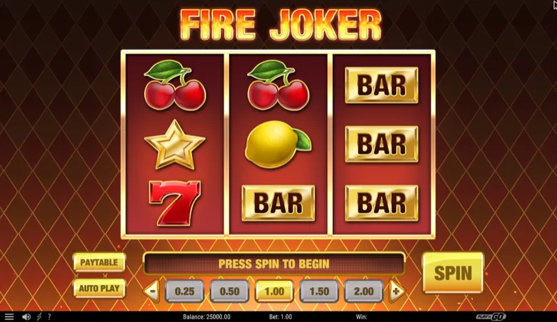 Fire Joker three-reel demo with the bet ladder from 0.25 to 2.00