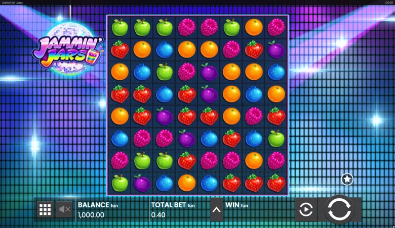 Jammin' Jars demo grid with a 1,000 fun balance and a 0.40 total bet