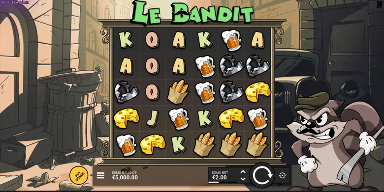 Le Bandit demo reels with the Buy Bonus button and a EUR 2.00 demo bet