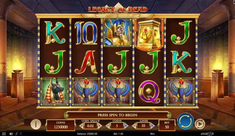 Legacy of Dead demo reels with a Book scatter and the 10-line bet panel