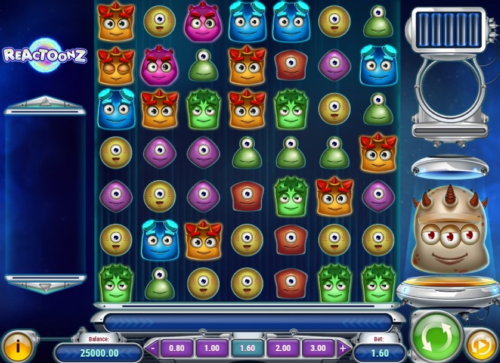 Reactoonz slot gameplay screenshot showing cluster pays grid