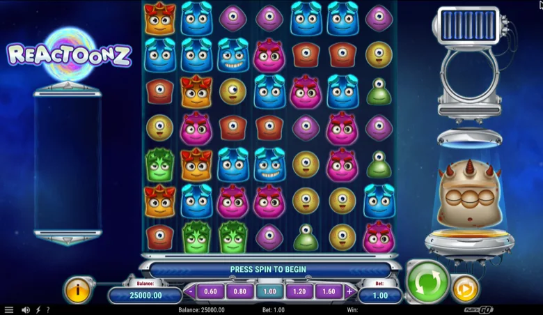 Reactoonz demo grid of 7x7 one-eyed symbols with the Quantum meter on the right
