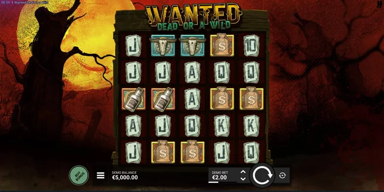 Wanted Dead or a Wild demo reels with moneybag symbols and a EUR 2.00 demo bet